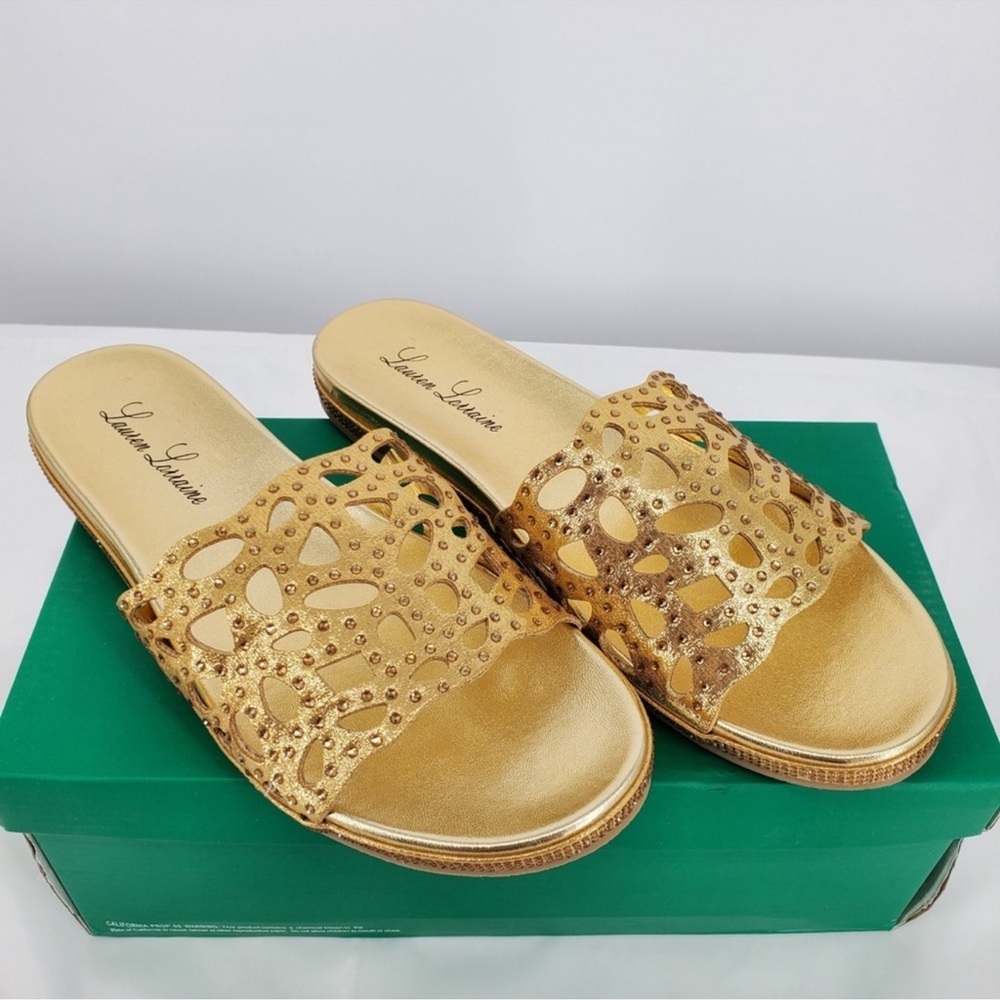 Lauren Lorraine Byanka Gold Rhinestone Slide Sandals Women’s Size 9